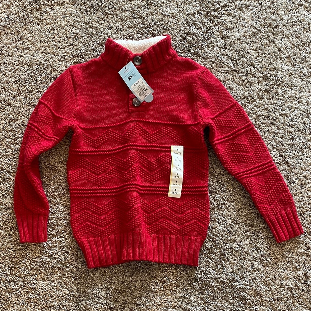 Red Knit Sweater with Button Collar